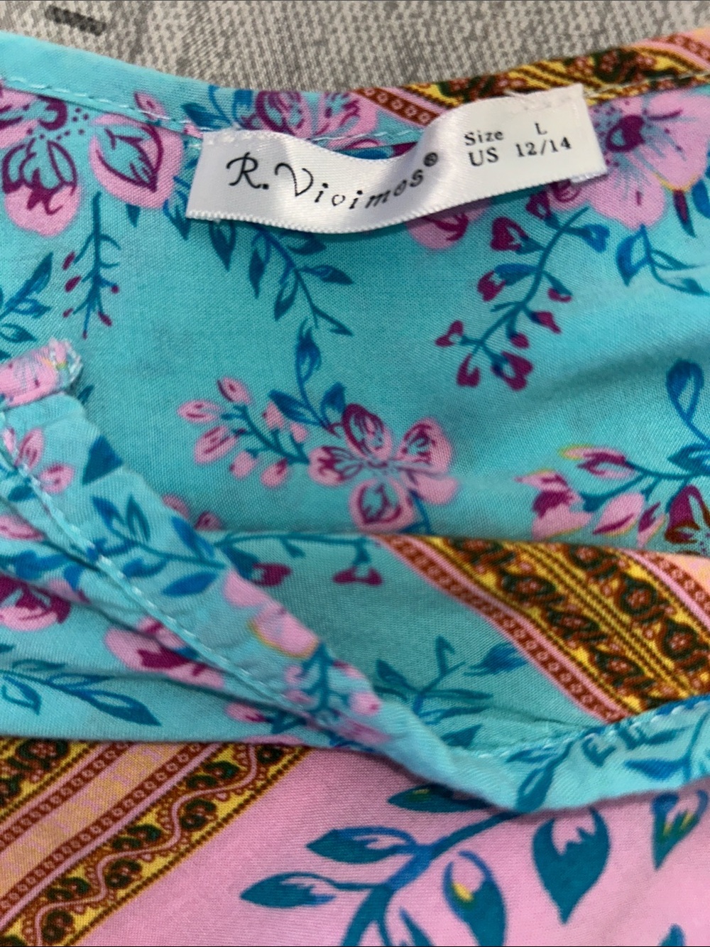 EUC R Vivimos Turquoise Floral Boho Maxi Dress with Pink Accent. Size Large - Picture 5 of 5